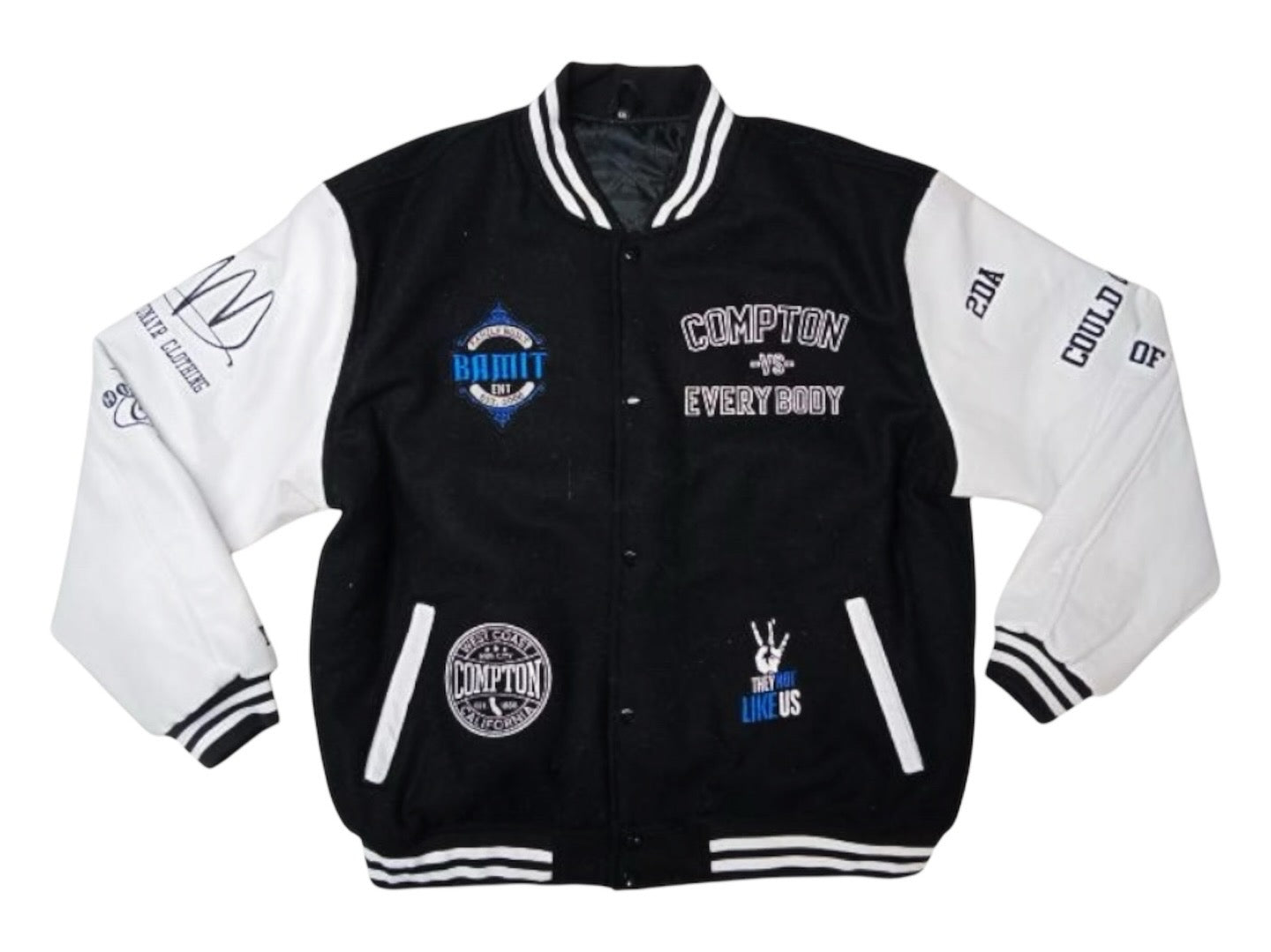 Introducing the iconic Compton California Varsity Jacket, a one-of-a-kind piece that captures the resilience and pride of "The Hub City". Adorned with the MLK Jr. Sculpture and the Compton VS Everybody slogan, this high-end fashion celebrates the city's rich history and strength.
We are extremely privileged to collaborate with the BAMIT Brand, thanks to the CEO & President our Cuzzo Big2DaBoy of Compton California. #2Cees #ComptonCalifornia #HubCity