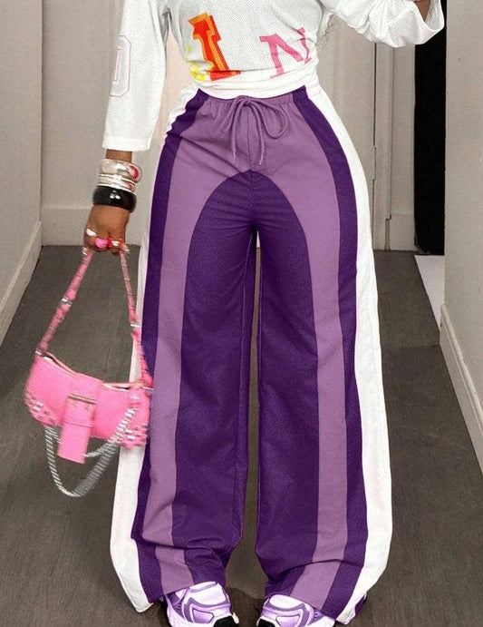 Color-block track pants striped wide-leg pants: Purple / L