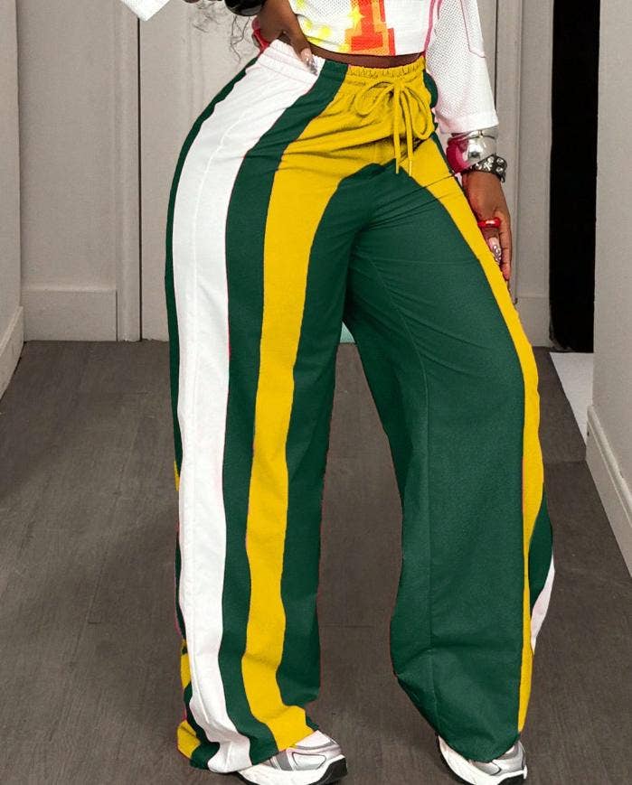 Color-block track pants striped wide-leg pants: Green / XL