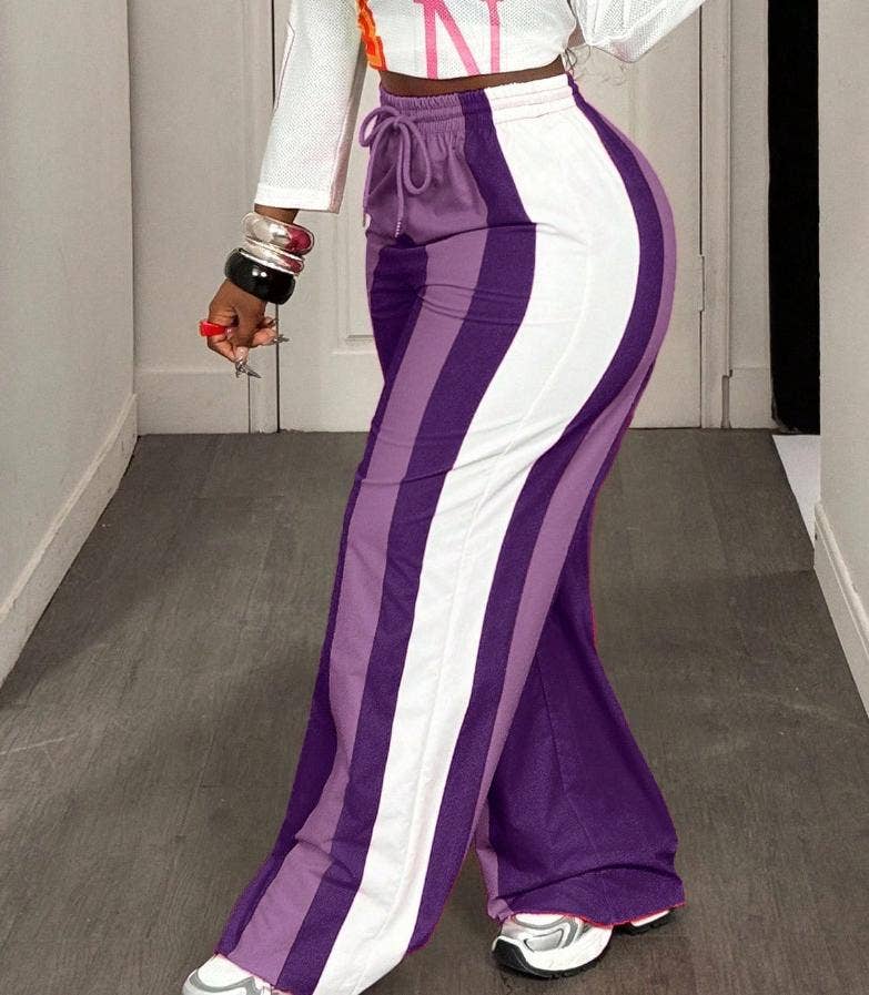 Color-block track pants striped wide-leg pants: Blue / M