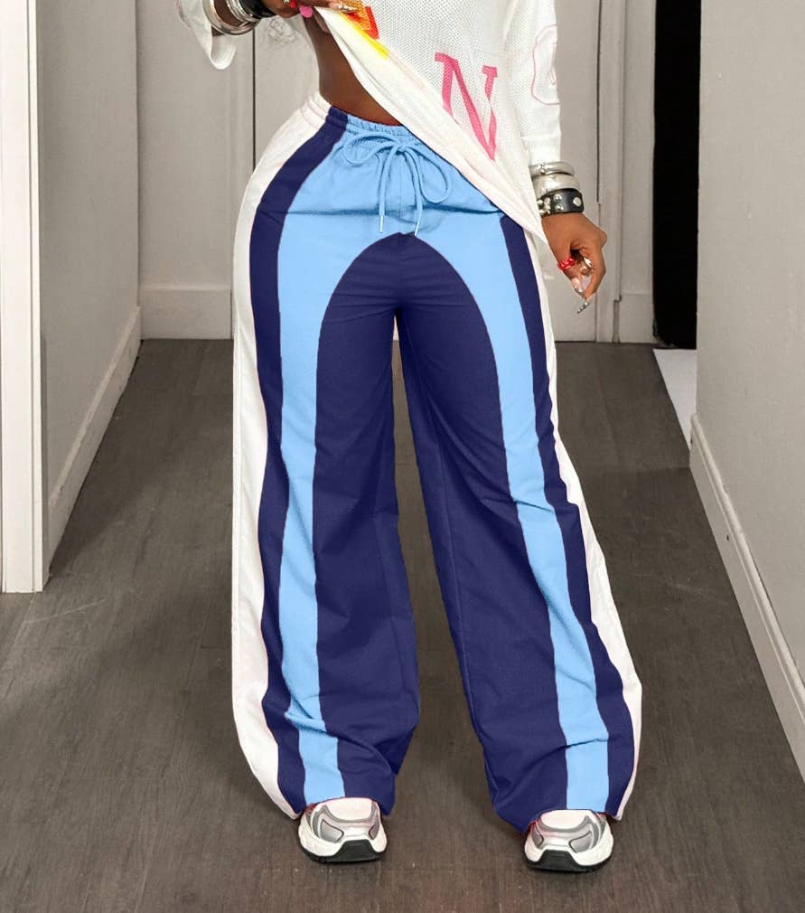 Color-block track pants striped wide-leg pants: Blue / M