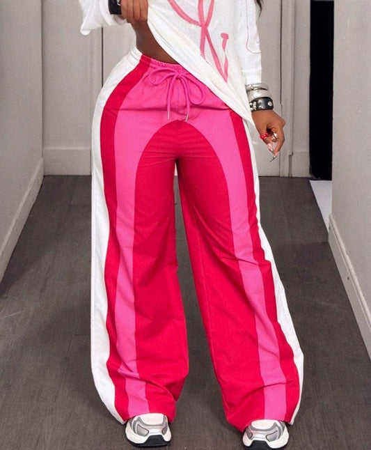 Color-block track pants striped wide-leg pants: Red / XL