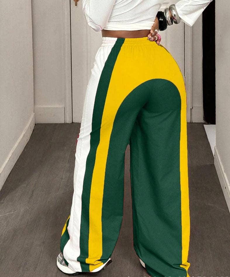 Color-block track pants striped wide-leg pants: Green / XL