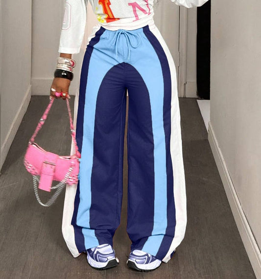 Color-block track pants striped wide-leg pants: Blue / L
