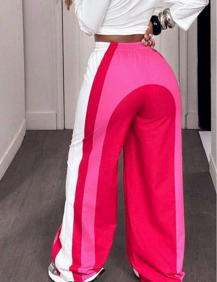 Color-block track pants striped wide-leg pants: Green / XL