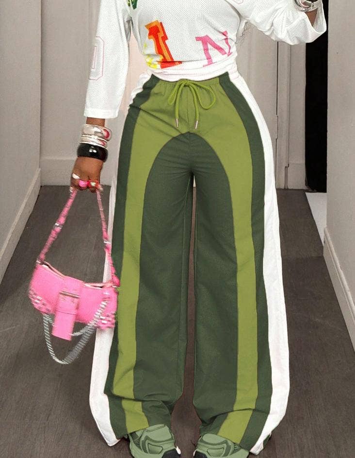 Color-block track pants striped wide-leg pants: Red / M