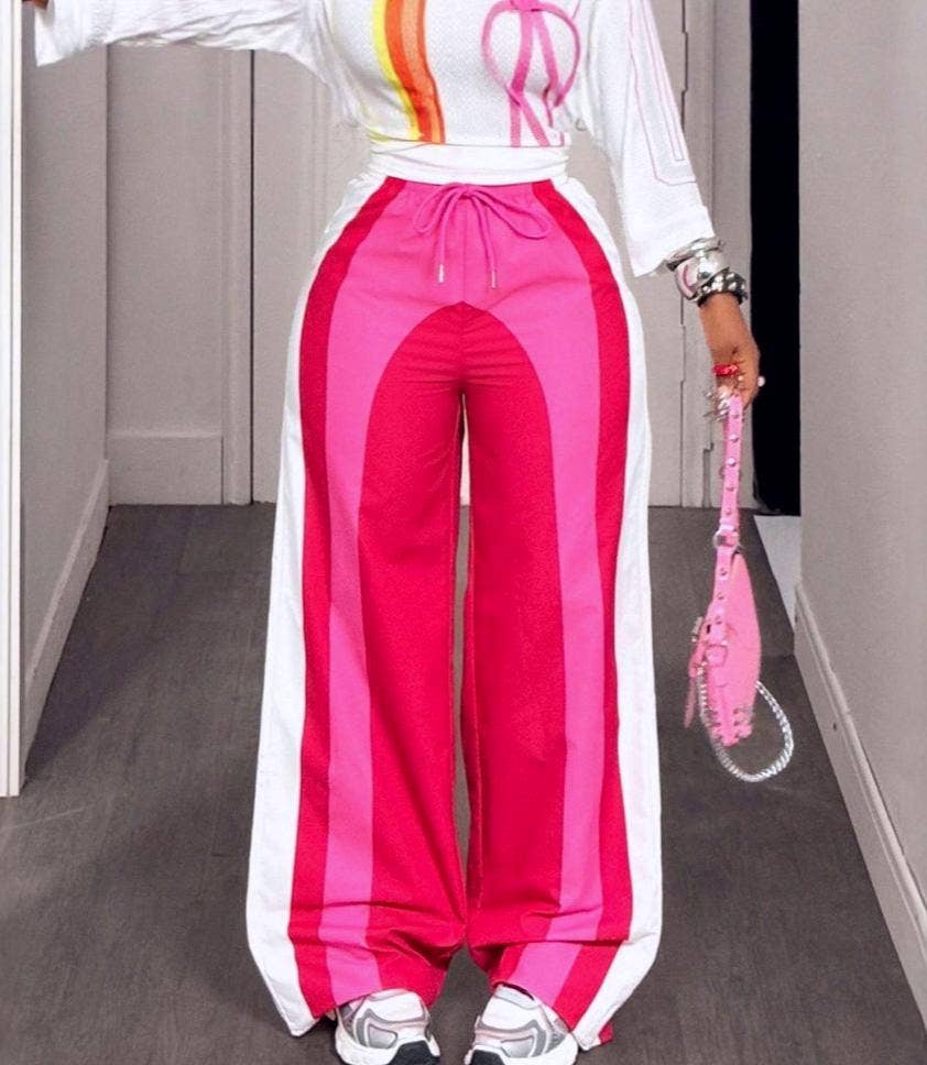 Color-block track pants striped wide-leg pants: Green / XL