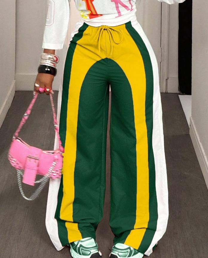 Color-block track pants striped wide-leg pants: Red / L