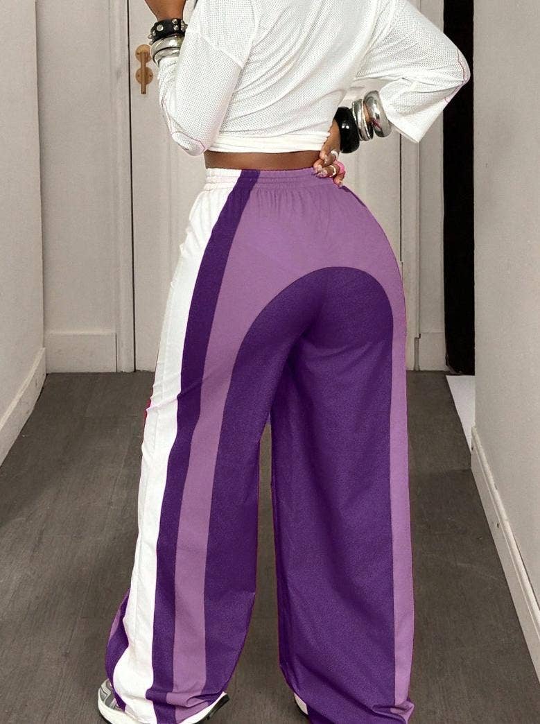 Color-block track pants striped wide-leg pants: Green / XL