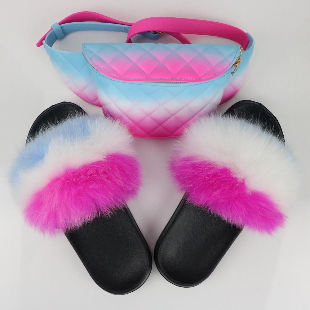 Blue White Pink Fur Sliders & Waist Bag