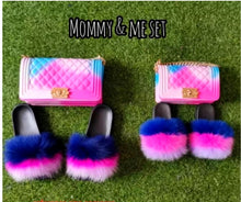 Load image into Gallery viewer, Pink Yellow Blue Green Kids Puffy Slides &amp; Purse Set
