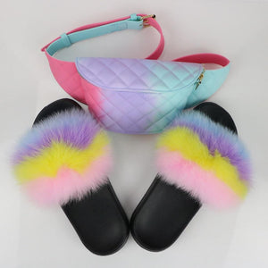 Yellow Pink Blue Purple Fur Slides and Waist Bag Set