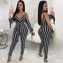 Load image into Gallery viewer, Striped Long Sleeve Backless Spaghetti Strap Deep V Neck Jumpsuit
