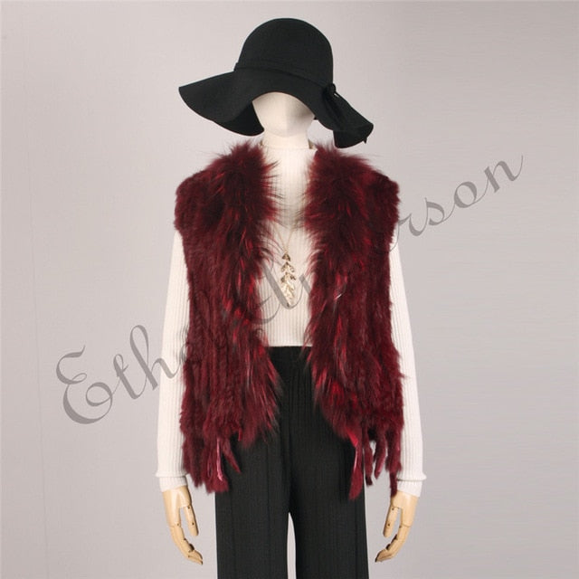 Real Rabbit Fur Vest w/ Gilet Tassels Real Fur Knitted Waistcoat