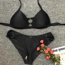 Load image into Gallery viewer, Black Backless String Push Up Solid Bikini Set
