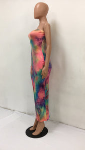 Rainbow Tie Dye Off Shoulder Backless Waist Band Cut Out Bodycon Dress