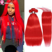 Load image into Gallery viewer, Brazilian Remy Straight Pre Plucked Human Hair Weave Red Bundles With Closure
