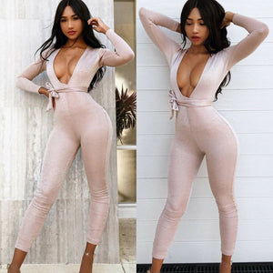 Deep V Neck Solid Bodycon Jumpsuit