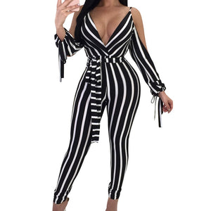 Striped Long Sleeve Backless Spaghetti Strap Deep V Neck Jumpsuit