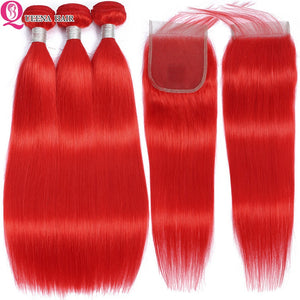 Brazilian Remy Straight Pre Plucked Human Hair Weave Red Bundles With Closure