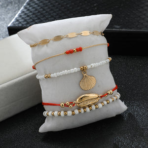 Bohemian Gold Shell Cowrie Anklet Set (Black Weaving White Pearl Charms Beaded Anklets)