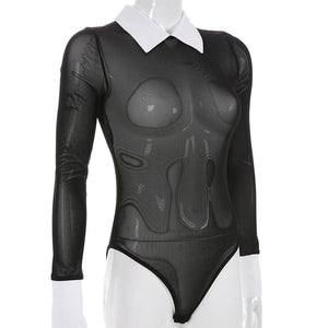 Transparent Long Sleeve Turn-Down Collar Hollow Out Bodysuit