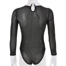 Load image into Gallery viewer, Transparent Long Sleeve Turn-Down Collar Hollow Out Bodysuit
