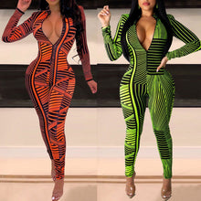 Load image into Gallery viewer, Printed Long Sleeve Bodycon Deep V Neck Jumpsuit
