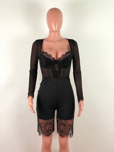 Long Sleeve Deep V Neck Corset Cartilage Lace Romper