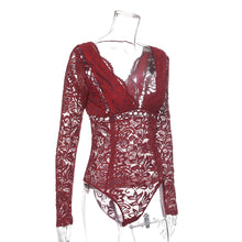Load image into Gallery viewer, Mesh Deep-V Long Sleeve Lace Bodysuit
