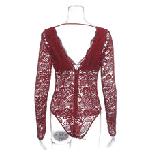 Load image into Gallery viewer, Mesh Deep-V Long Sleeve Lace Bodysuit
