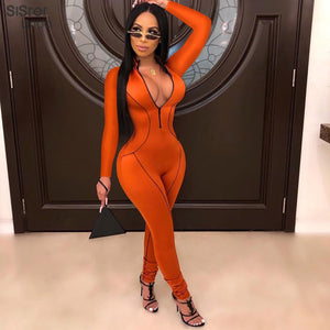 Orange Long Sleeve Bodycon Fitness Tracksuit Jumpsuit