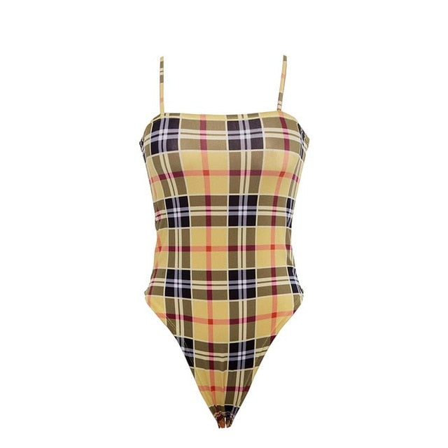 Plaid Sling Sleeveless Bodycon Bodysuit