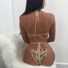 Load image into Gallery viewer, Backless Lace Up Deep Plunging V Neck Sequin Bandage Thong
