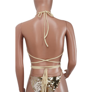 Backless Lace Up Deep Plunging V Neck Sequin Bandage Thong