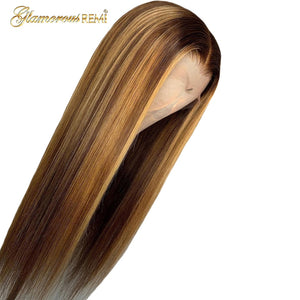 Brazilian Remy Ombre Honey Blond Highlights 13x4 Pre Plucked Straight Lace Front Pre Plucked Human Hair Wigs With Baby Hair