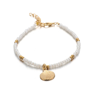 Bohemian Gold Shell Cowrie Anklet Set (Black Weaving White Pearl Charms Beaded Anklets)