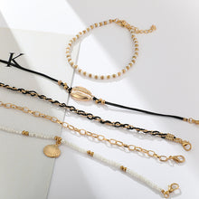 Load image into Gallery viewer, Bohemian Gold Shell Cowrie Anklet Set (Black Weaving White Pearl Charms Beaded Anklets)
