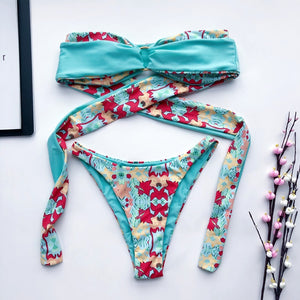 Floral Print Bandage Bandeau Push Up Bikini
