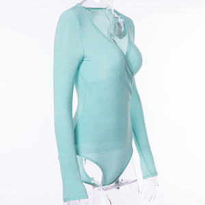 Reflective Cross Long Sleeve V-Neck Solid Bodysuit