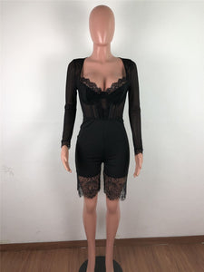 Long Sleeve Deep V Neck Corset Cartilage Lace Romper