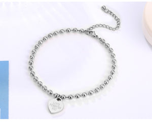 Beaded Heart-Shaped Pendant Stainless Steel Chain Anklet