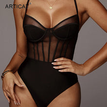 Load image into Gallery viewer, Mesh Patchwork Sheer Spaghetti Strap Bodysuit
