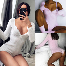 Load image into Gallery viewer, Plush Knitted V-Neck Long Sleeve Romper
