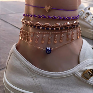 Bohemian Ankle Bracelets Set Multi Layer Evil Eye Shell Beads Charm Chain Knitted Bracelets 6 Pieces