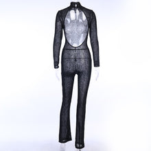 Load image into Gallery viewer, Mock Neck Mesh Backless Patchwork Jumpsuit
