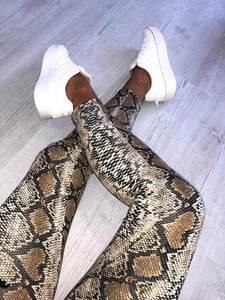 High Waist Faux Leather Black Matt Satin & Leopard Snake Print Leggings
