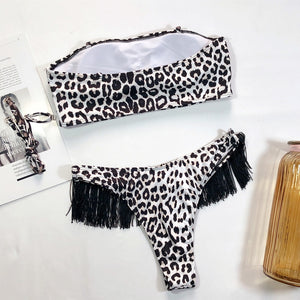 Leopard Print Tassel Push Up Bandeau Thong Bikini