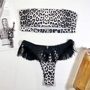 Leopard Print Tassel Push Up Bandeau Thong Bikini