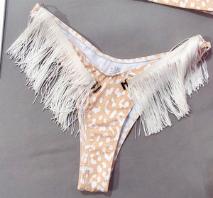 Leopard Print Tassel Push Up Bandeau Thong Bikini